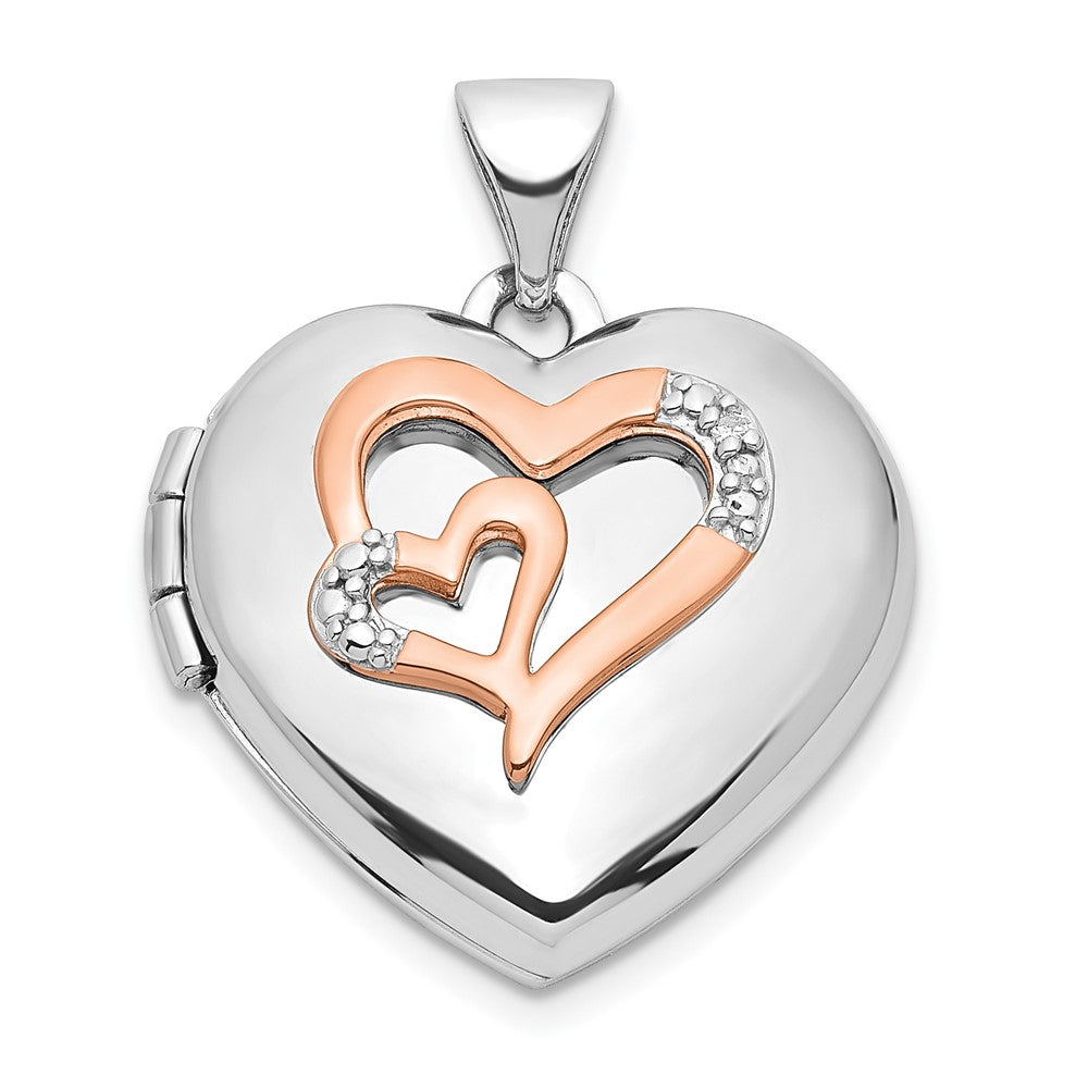 Sterling Silver Rhodium-plated Diamond Rose Rhodium Hearts 18mm Locket QLS1032