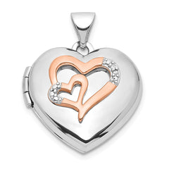 Sterling Silver Rhodium-plated Diamond Rose Rhodium Hearts 18mm Locket QLS1032