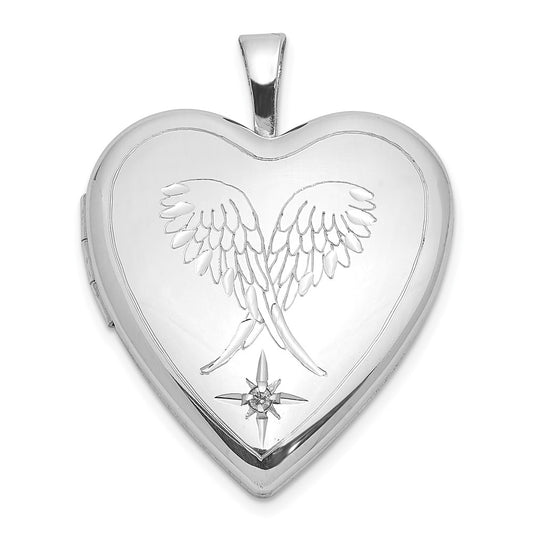 Sterling Silver Rhodium-plated Diamond Wings 20mm Heart Locket QLS1035