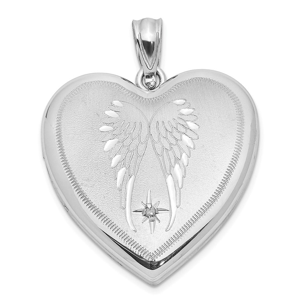 Sterling Silver Rhodium-plated Satin Diamond Wings 24mm Heart Locket QLS1036