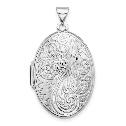 Sterling Silver Rhodium-plated Scroll Oval Locket QLS10
