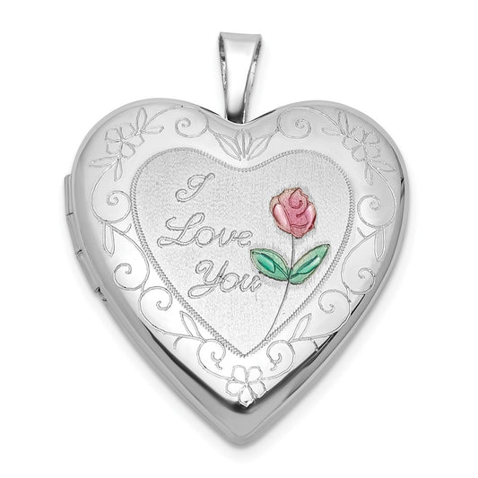 Sterling Silver Rh-plate Polish/Satin Epoxy 20mm I Love You Rose Locket QLS1119