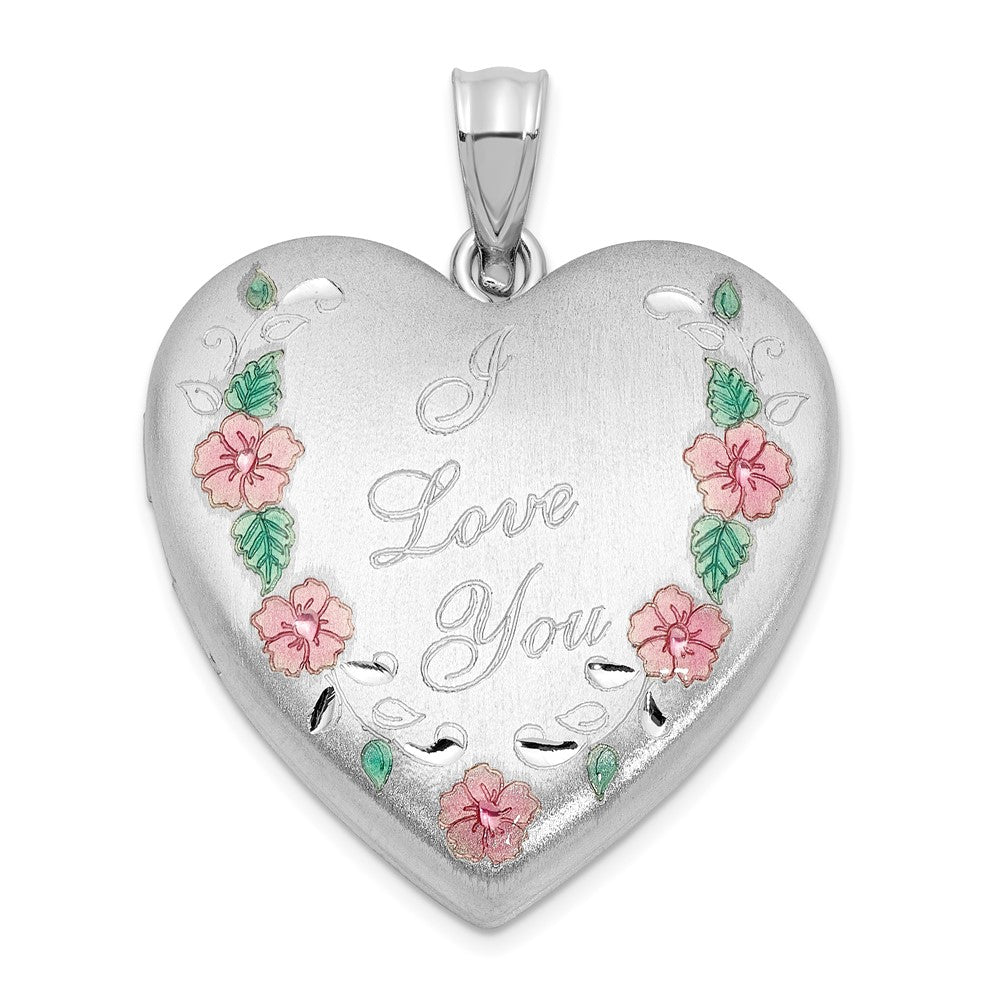 Sterling Silver Rh-plated Satin Epoxy I Love You Floral 24mm Heart Locket QLS1120