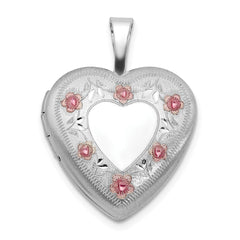 Sterling Silver RH-plated Polished / Satin Epoxy 16mm Floral Heart Locket QLS1122