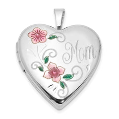 Sterling Silver Rhodium-plated Epoxy 20mm Floral Mom Heart Locket QLS1123