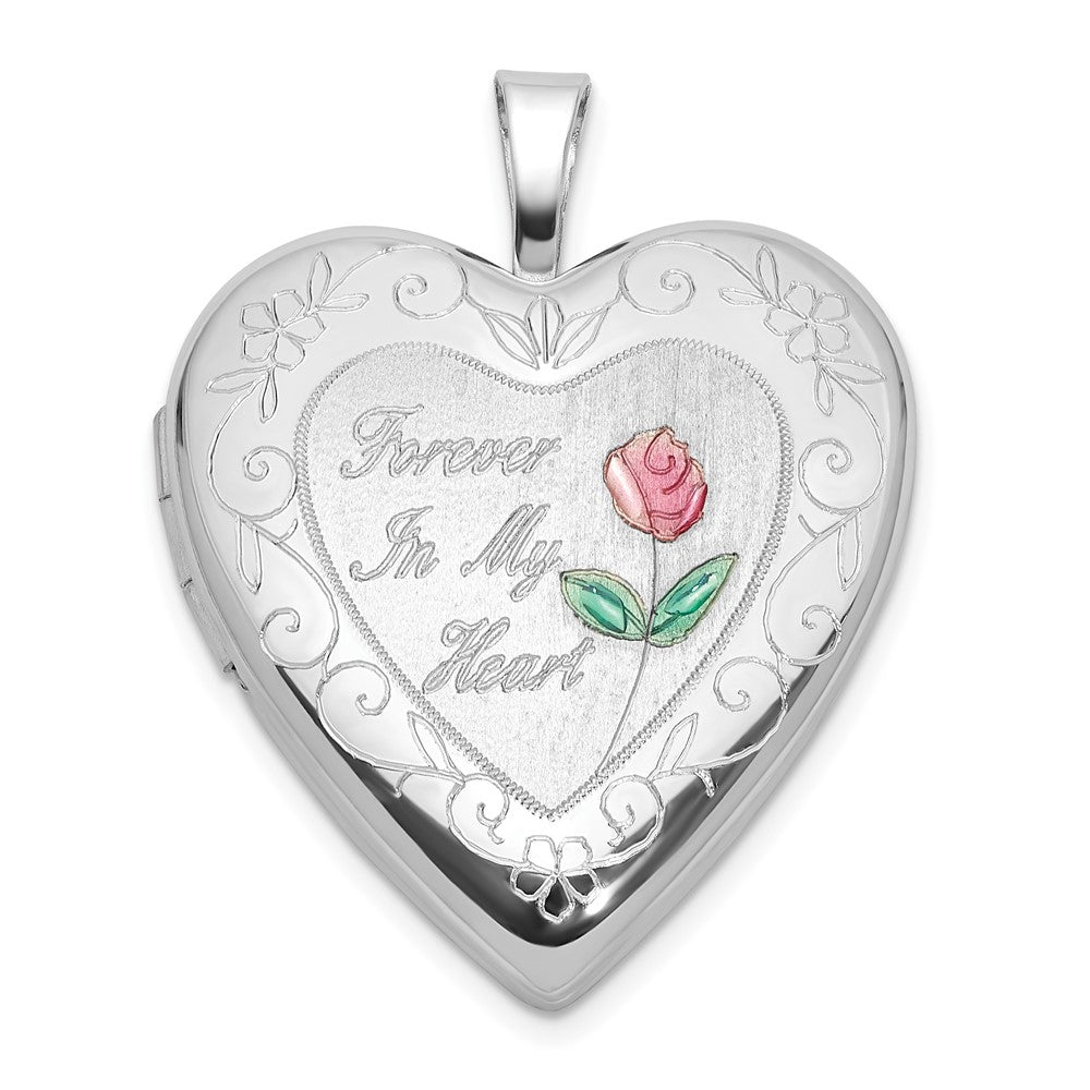 Sterling Silver Rh-plated Epoxy 20mm Forever In My Heart Rose Locket QLS1124