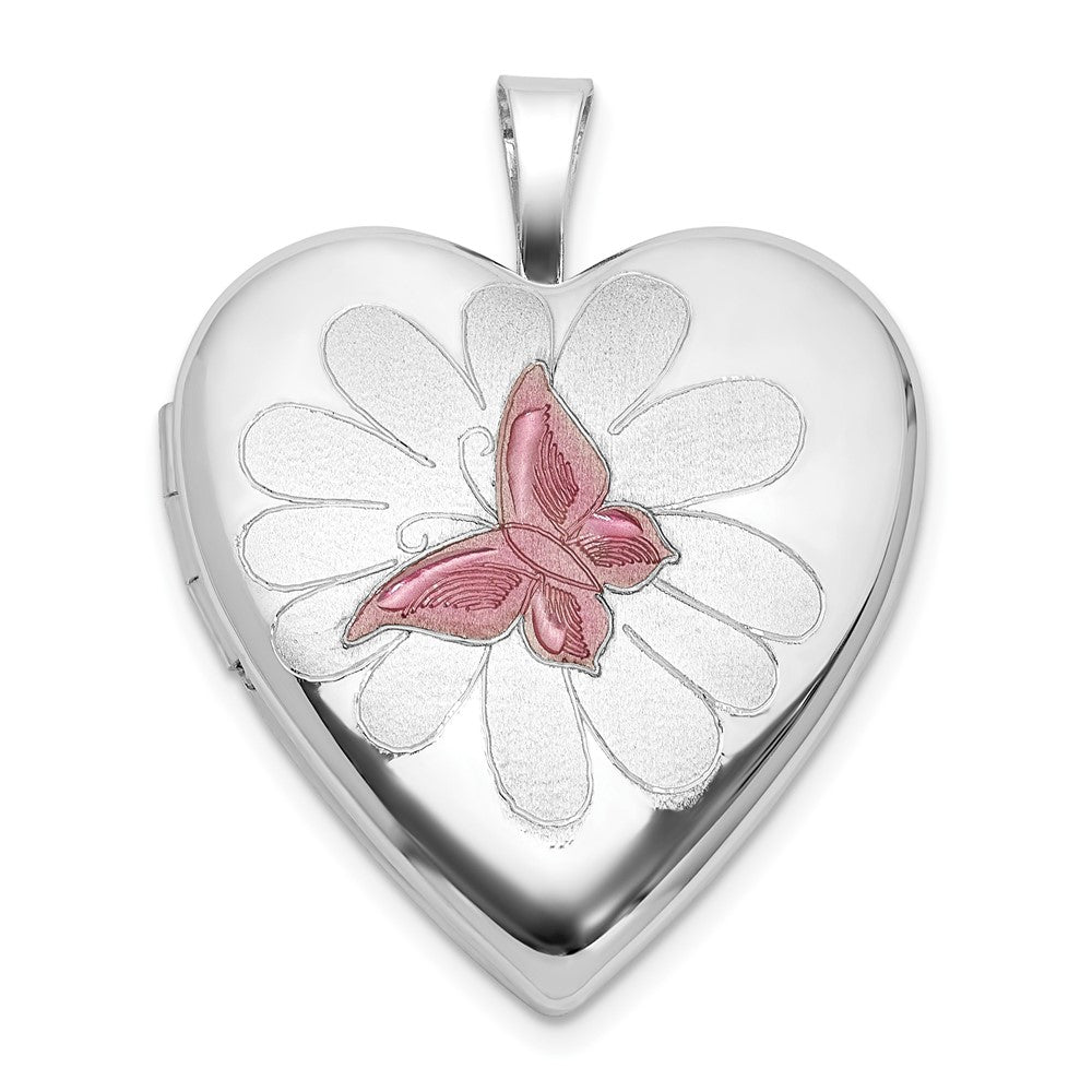 Sterling Silver RH-plate Polished/Satin Epoxy 20mm Butterfly Heart Locket QLS1125