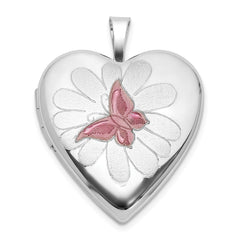 Sterling Silver RH-plate Polished/Satin Epoxy 20mm Butterfly Heart Locket QLS1125