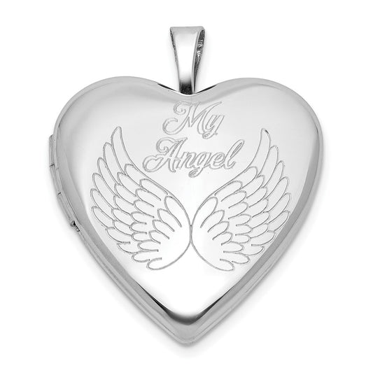 Sterling Silver Rhodium-plated MY ANGEL Angel Wings 20mm Heart Locket QLS1129