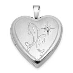 Sterling Silver Rhodium-plated Brushed 1/20 carat Diamond Two Dolphins 20mm Heart Locket QLS1194