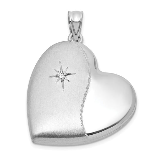 Sterling Silver Rhodium-plated Brushed And Polished 1/20 carat Diamond 24mm Heart Locket QLS1197