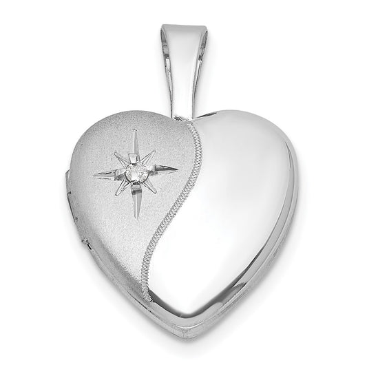 Sterling Silver Rhodium-plated Brushed And Polished 1/20 carat Diamond 12mm Heart Locket QLS1198