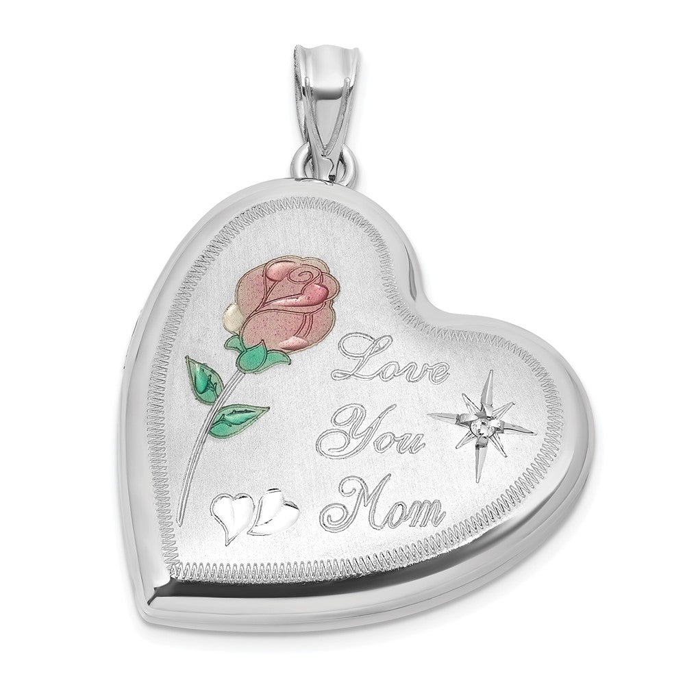 Sterling Silver Rhodium-plated Brushed 1/20 carat Diamond Pink and Green Enameled Rose LOVE YOU MOM 24mm Heart Locket QLS1199