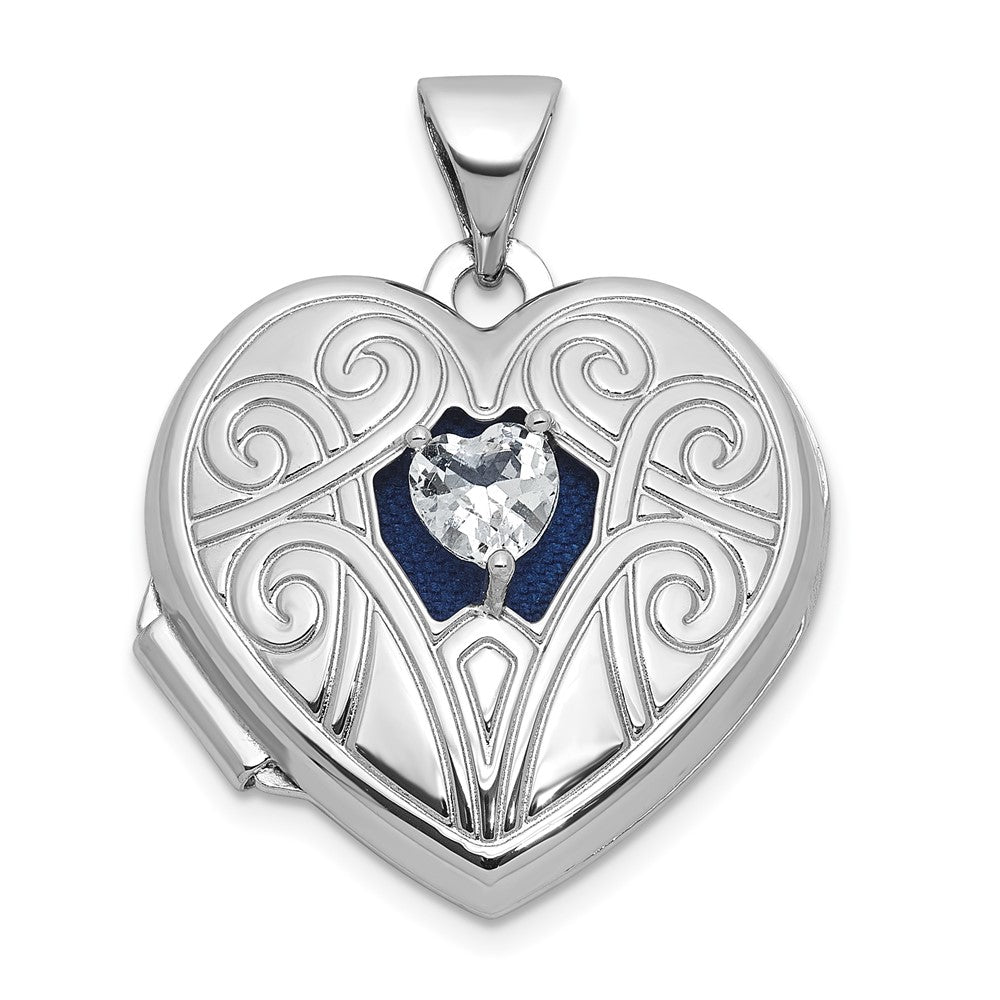 Sterling Silver Rhodium-plated White Topaz April Birthstone 18mm Heart Locket QLS1200_APR