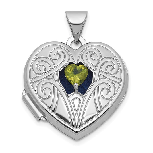 Sterling Silver Rhodium-plated Peridot August Birthstone 18mm Heart Locket QLS1200_AUG