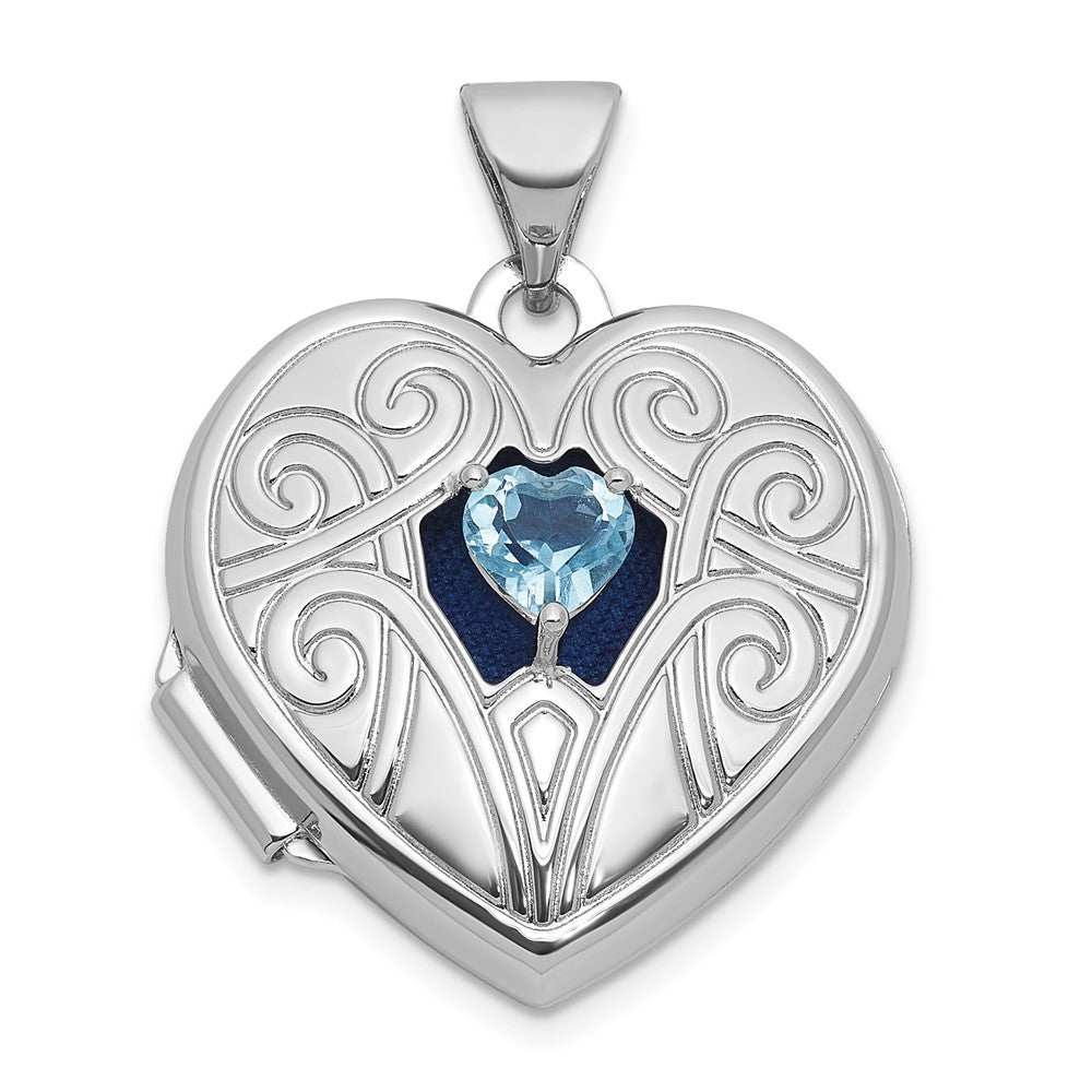Sterling Silver Rhodium-plated Blue Topaz December Birthstone 18mm Heart Locket QLS1200_DEC