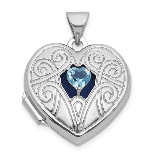 Sterling Silver Rhodium-plated Blue Topaz December Birthstone 18mm Heart Locket QLS1200_DEC
