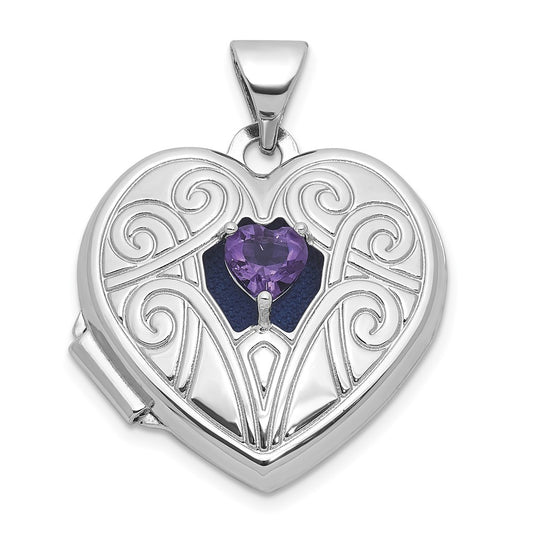 Sterling Silver Rhodium-plated Amethyst February Birthstone 18mm Heart Locket QLS1200_FEB