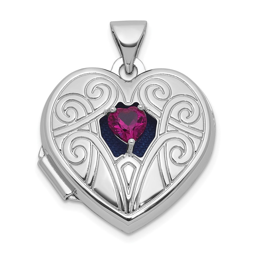 Sterling Silver Rhodium-plated Lab Created Ruby July Birthstone 18mm Heart Locket QLS1200_JUL