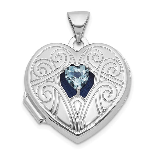 Sterling Silver Rhodium-plated Aquamarine March Birthstone 18mm Heart Locket QLS1200_MAR