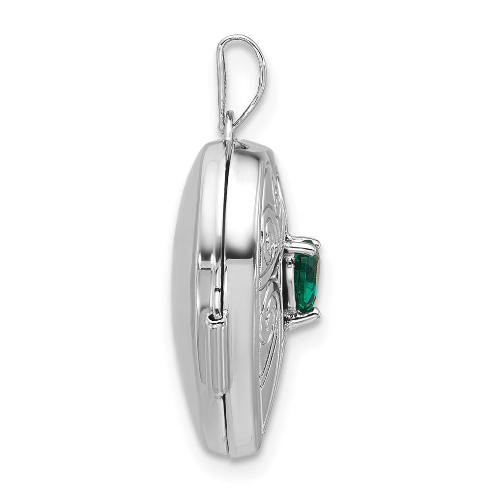 Sterling Silver Rhodium-plated Lab Created Emerald May Birthstone 18mm Heart Locket QLS1200_MAY