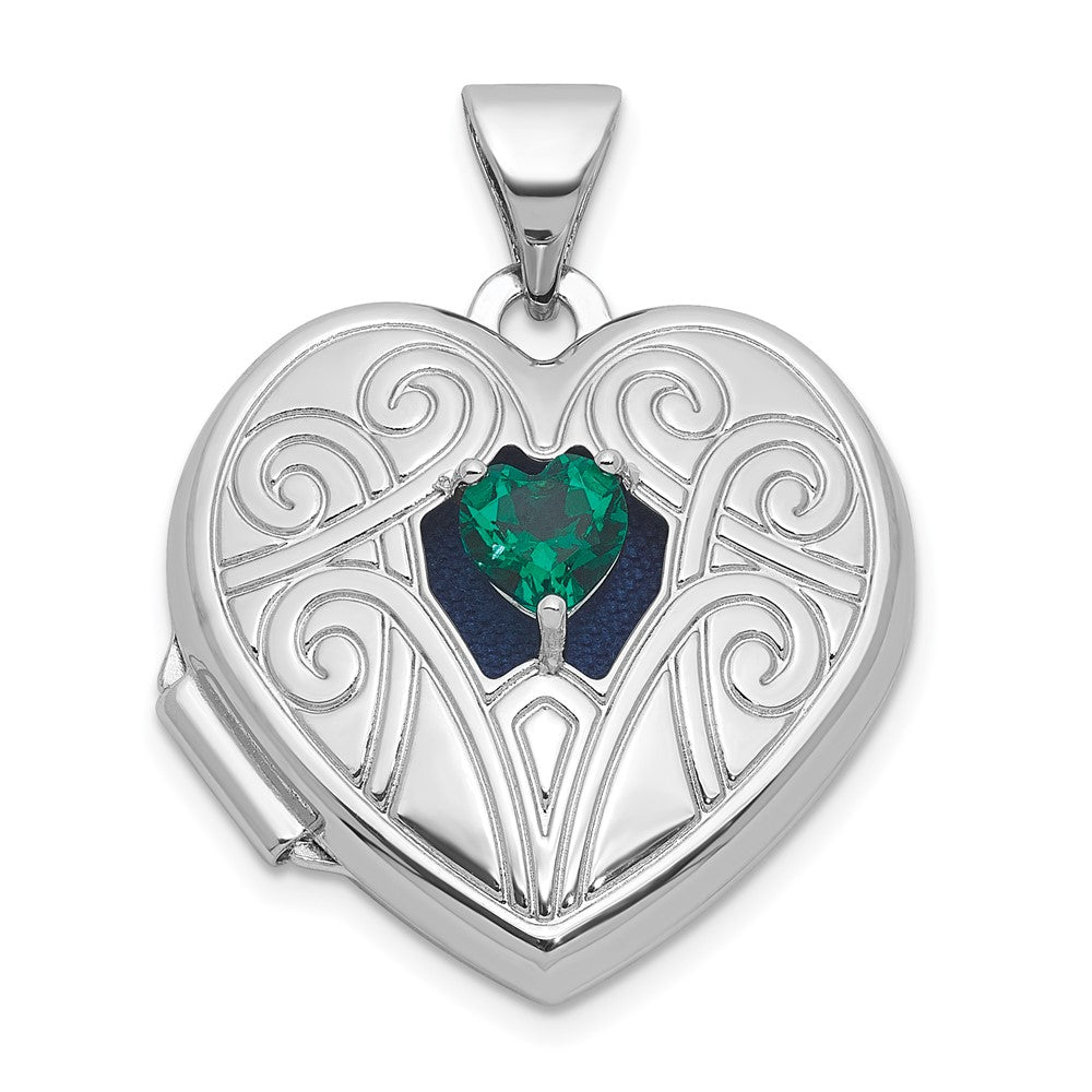 Sterling Silver Rhodium-plated Lab Created Emerald May Birthstone 18mm Heart Locket QLS1200_MAY