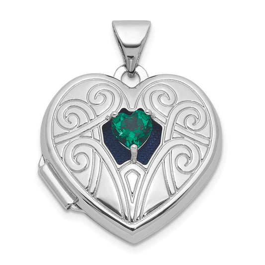Sterling Silver Rhodium-plated Lab Created Emerald May Birthstone 18mm Heart Locket QLS1200_MAY