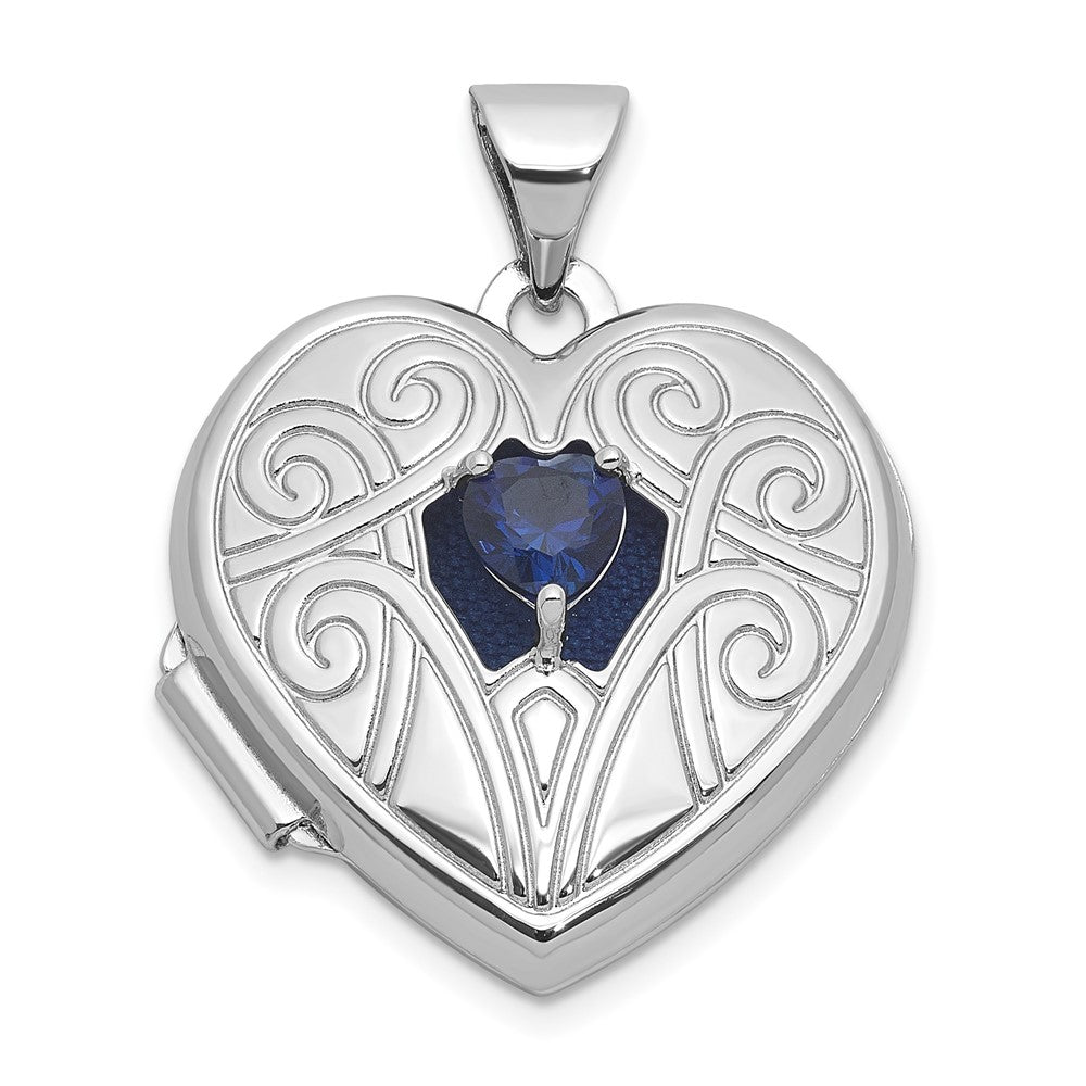 Sterling Silver Rhodium-plated Lab Created Sapphire September Birthstone 18mm Heart Locket QLS1200_SEP