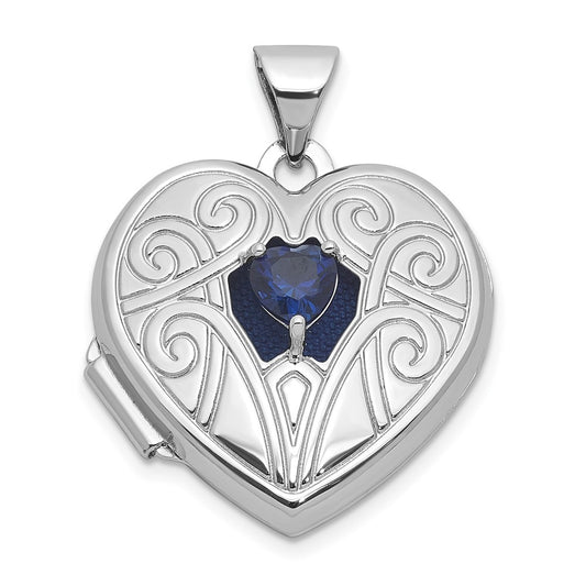 Sterling Silver Rhodium-plated Lab Created Sapphire September Birthstone 18mm Heart Locket QLS1200_SEP