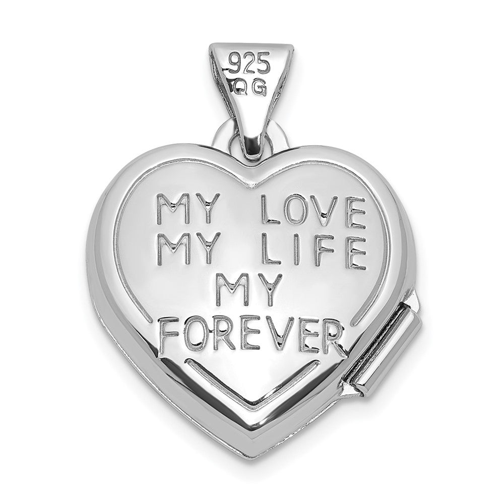 Sterling Silver Rhodium-plated MY LOVE MY LIFE MY FOREVER On Reverse 15mm Heart Locket QLS1214