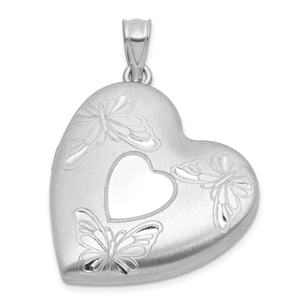 Sterling Silver Rhodium-plated Brushed Diamond-cut Butterflies 24mm Heart Locket QLS1215