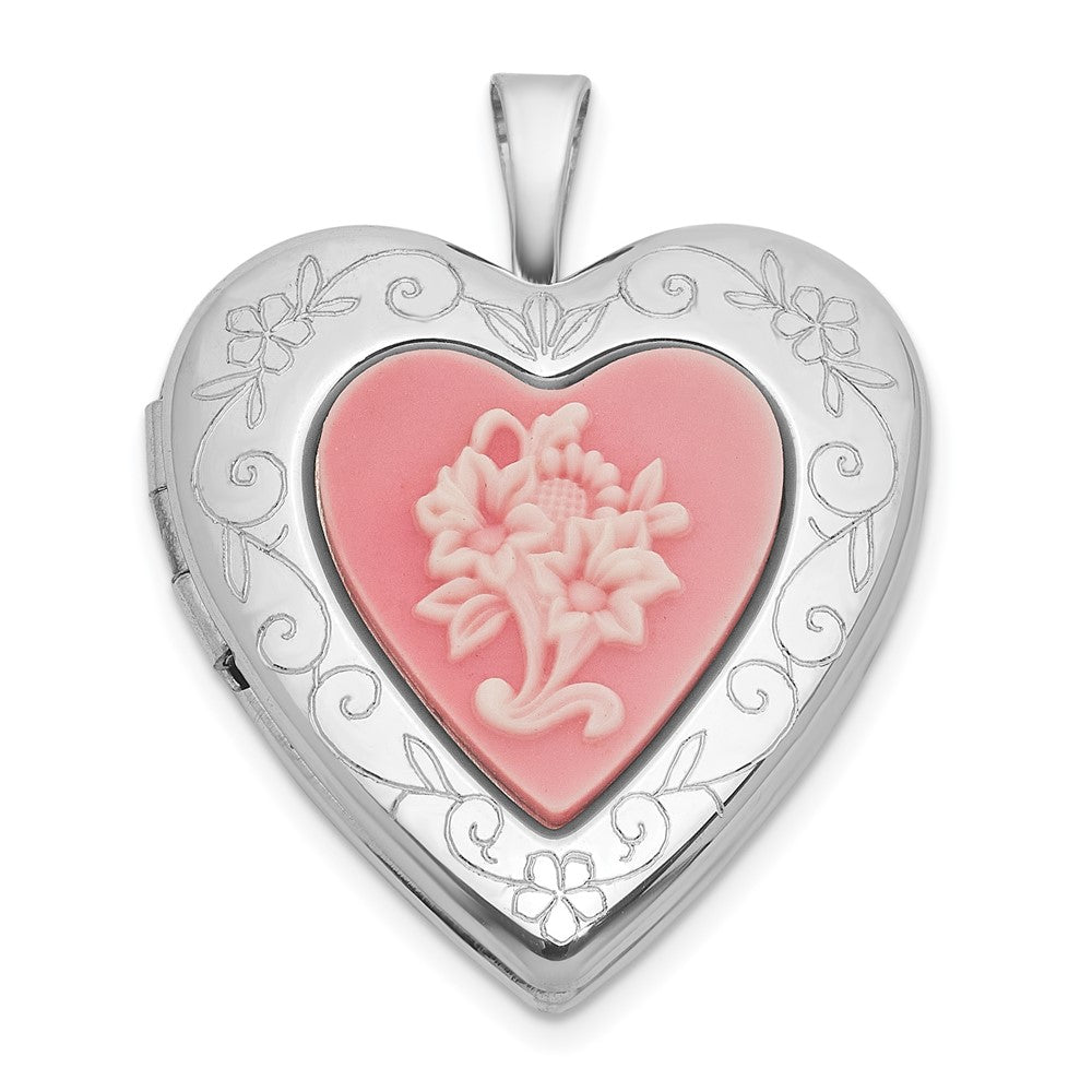 Sterling Silver Rhodium-plated Polished Front/Brushed Back Pink Flowers Resin Cameo 20mm Heart Locket QLS1217