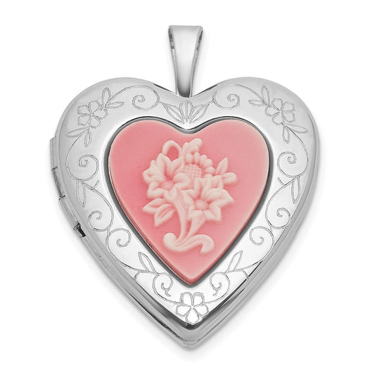 Sterling Silver Rhodium-plated Polished Front/Brushed Back Pink Flowers Resin Cameo 20mm Heart Locket QLS1217