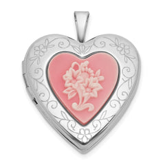 Sterling Silver Rhodium-plated Polished Front/Brushed Back Pink Flowers Resin Cameo 20mm Heart Locket QLS1217