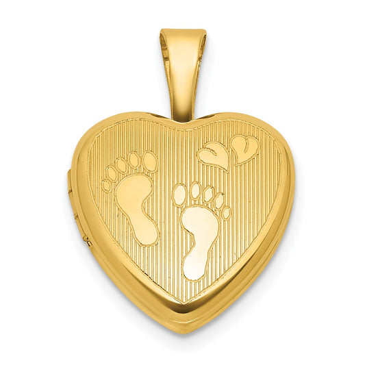 Sterling Silver Gold-plated Polished Front/Brushed Back Foot Prints with Hearts 12mm Heart Locket QLS1218