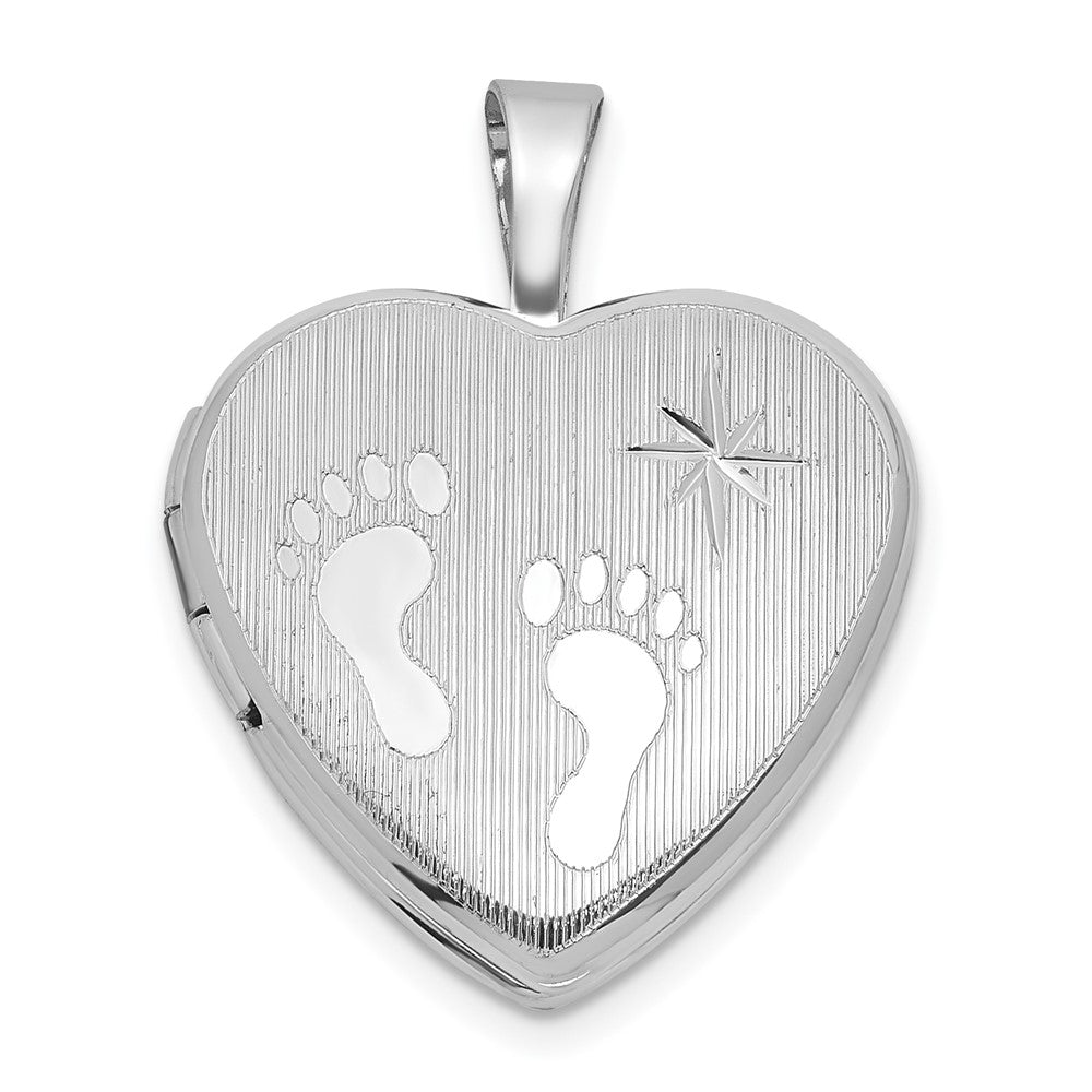 Sterling Silver Rhodium-plated Polished Front/Brushed Back Foot Prints with Star 16mm Heart Locket QLS1219