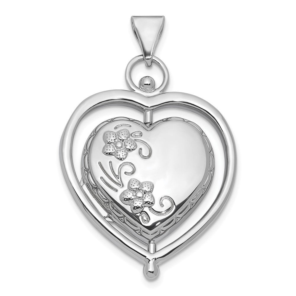 Sterling Silver Rhodium-plated Tree Of Life and Flowers in Spinning Frame Reversible 15mm Heart Locket QLS1220