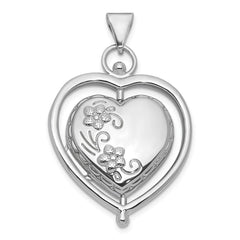 Sterling Silver Rhodium-plated Tree Of Life and Flowers in Spinning Frame Reversible 15mm Heart Locket QLS1220