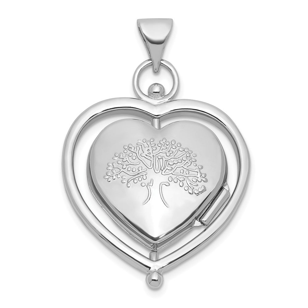 Sterling Silver Rhodium-plated Tree Of Life and Flowers in Spinning Frame Reversible 15mm Heart Locket QLS1220