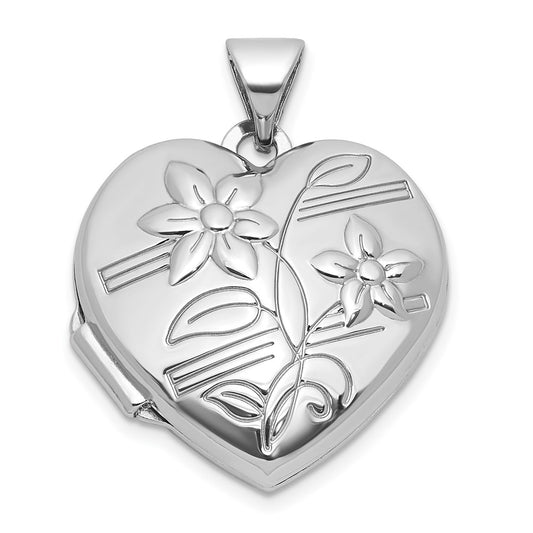 Sterling Silver Rhodium-plated Polished Flowers 18mm Heart Locket QLS1221