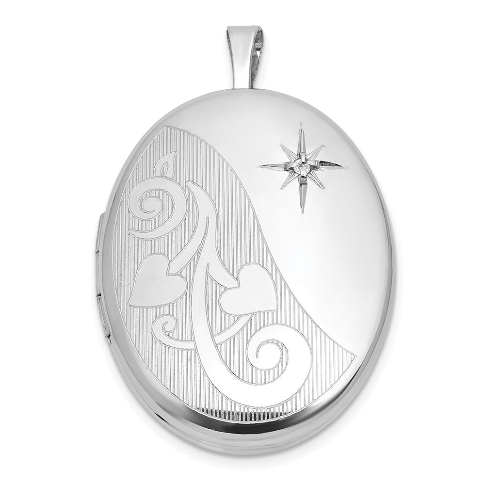 Sterling Silver Rhodium-plated Polished Front/Brushed Back 1/20 carat Diamond Hearts Swirl Design 26mm Oval Locket QLS1224