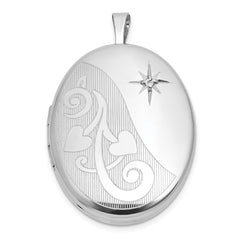 Sterling Silver Rhodium-plated Polished Front/Brushed Back 1/20 carat Diamond Hearts Swirl Design 26mm Oval Locket QLS1224