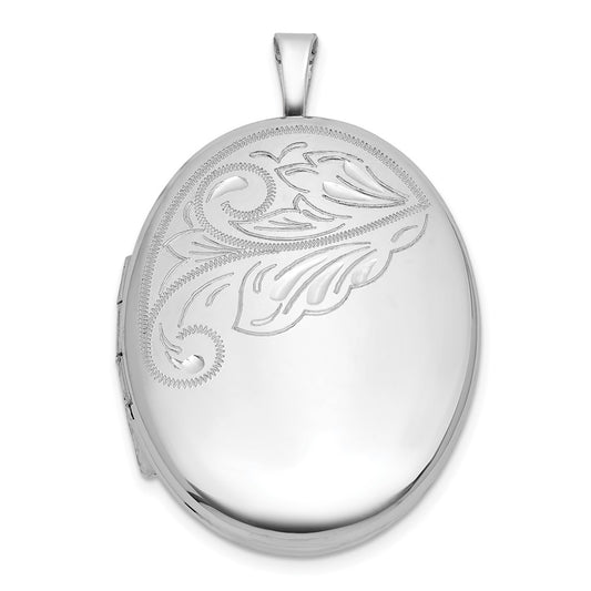 Sterling Silver Rhodium-plated Polished Front/Brushed Back Diamond-cut Floral Design 20mm Oval Locket QLS1227