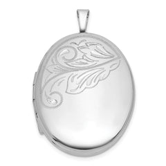 Sterling Silver Rhodium-plated Polished Front/Brushed Back Diamond-cut Floral Design 20mm Oval Locket QLS1227