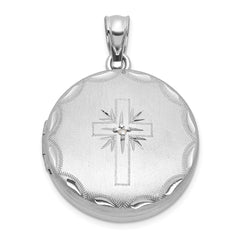 Sterling Silver Rhodium-plated Brushed Diamond-cut with 1/20 carat Diamond Cross 20mm Round Locket QLS1241
