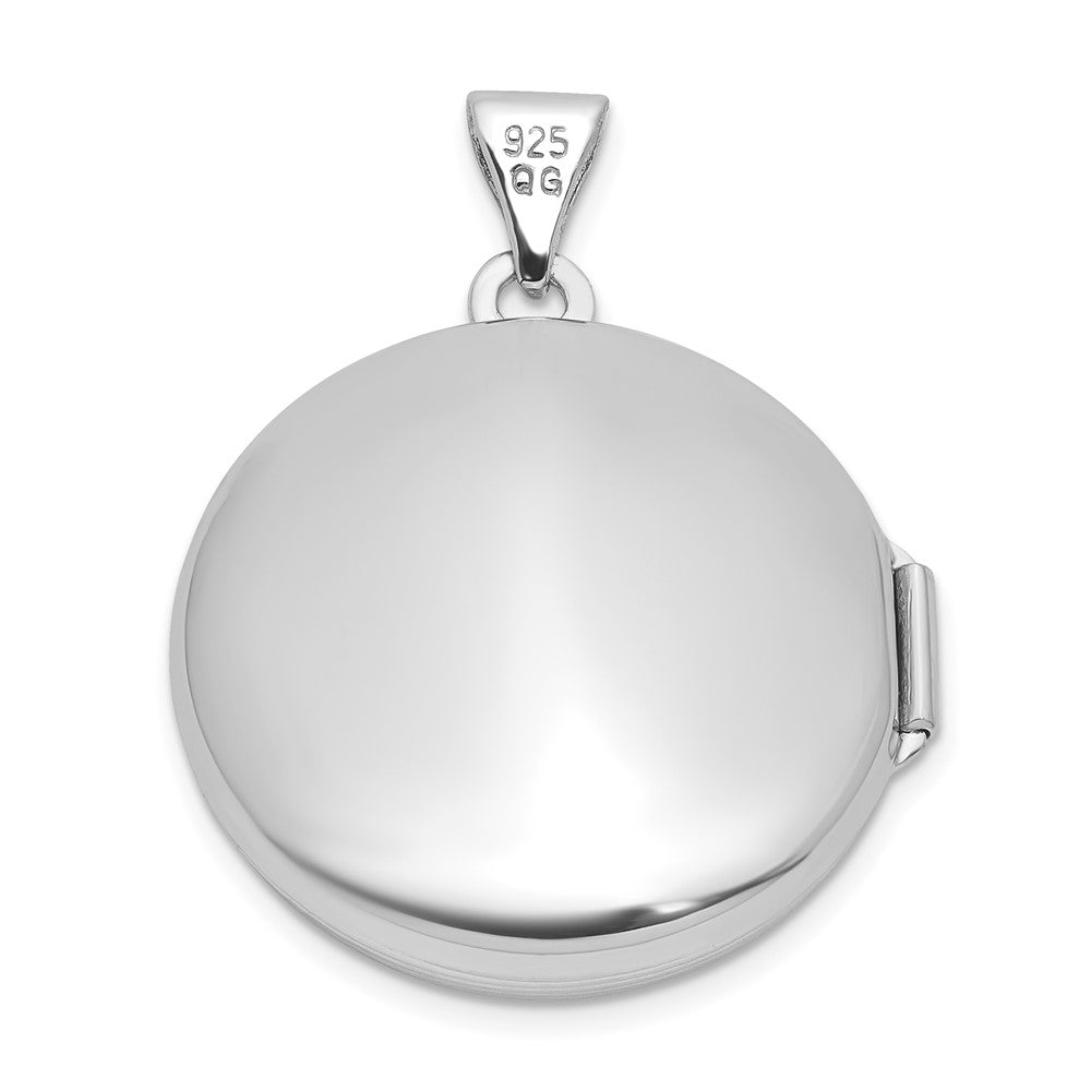 Sterling Silver Rhodium-plated Half Point Diamond Cross 20mm Scrolled Round Locket QLS1242