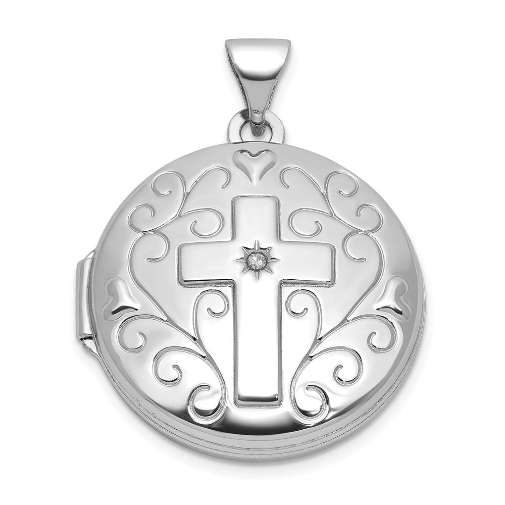 Sterling Silver Rhodium-plated Half Point Diamond Cross 20mm Scrolled Round Locket QLS1242
