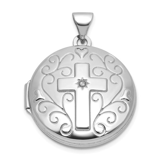 Sterling Silver Rhodium-plated Half Point Diamond Cross 20mm Scrolled Round Locket QLS1242