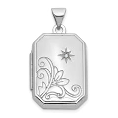 Sterling Silver Rhodium-plated Half Point Diamond Flower And Star 20mm Rectangle Locket QLS1256