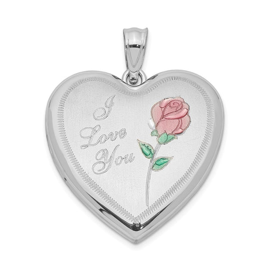 Sterling Silver Rhodium-plated 24mm Enameled Rose Heart Locket QLS305